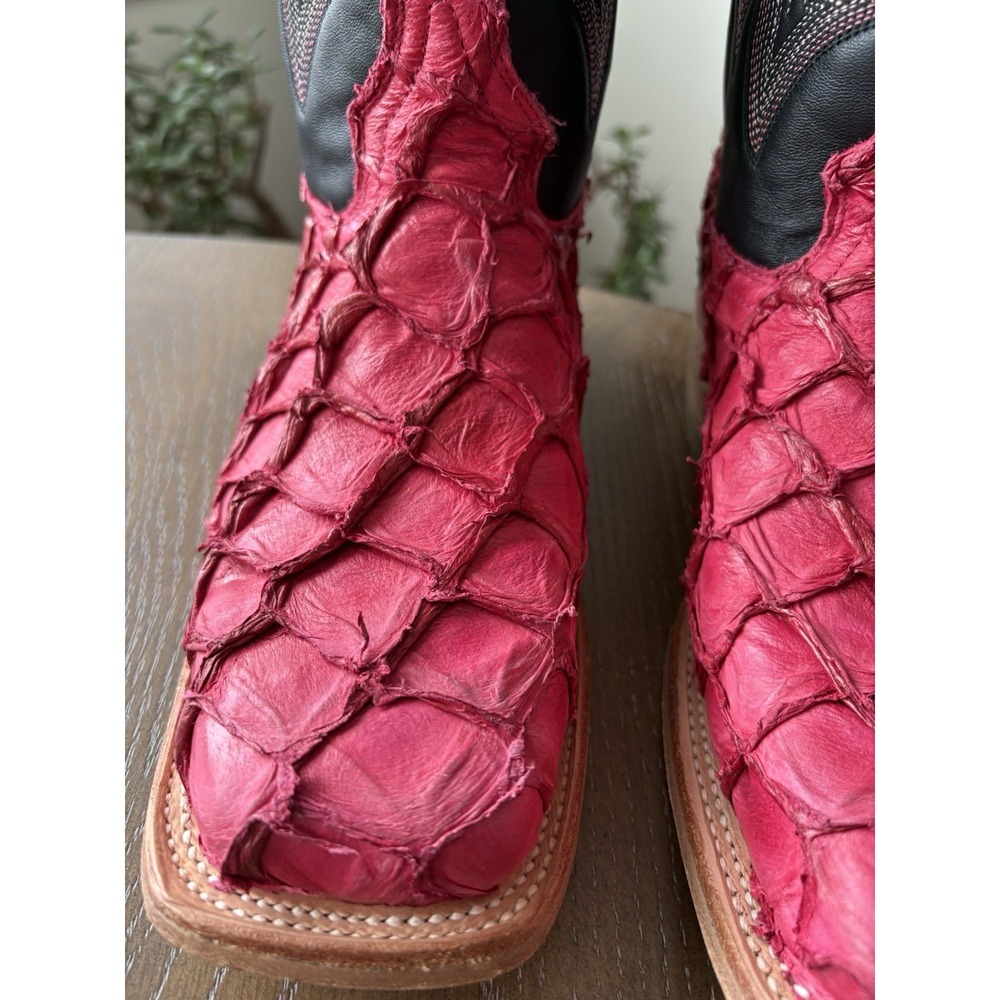 Corral Women Pink Pirarucu Fish Skin Black Leather Western Boot A4386 Square Toe - Picture 11 of 13
